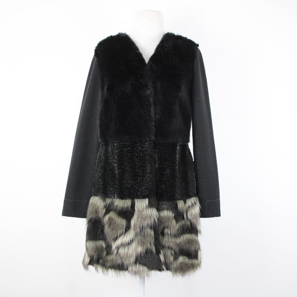 Frank Lyman Sz M Black Gray Pockets Faux Fur Poly Wool Acrylic Jacket