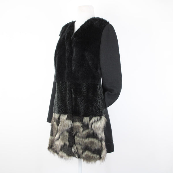 Frank Lyman Sz M Black Gray Pockets Faux Fur Poly Wool Acrylic Jacket