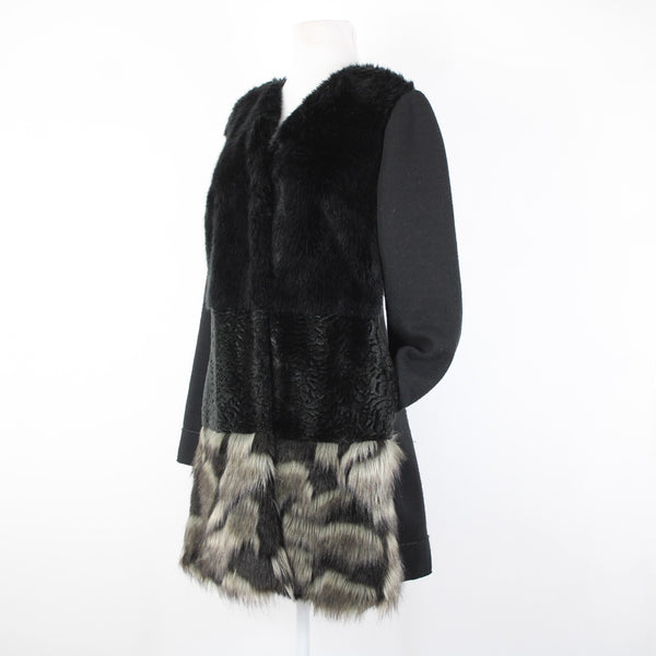 Frank Lyman Sz M Black Gray Pockets Faux Fur Poly Wool Acrylic Jacket