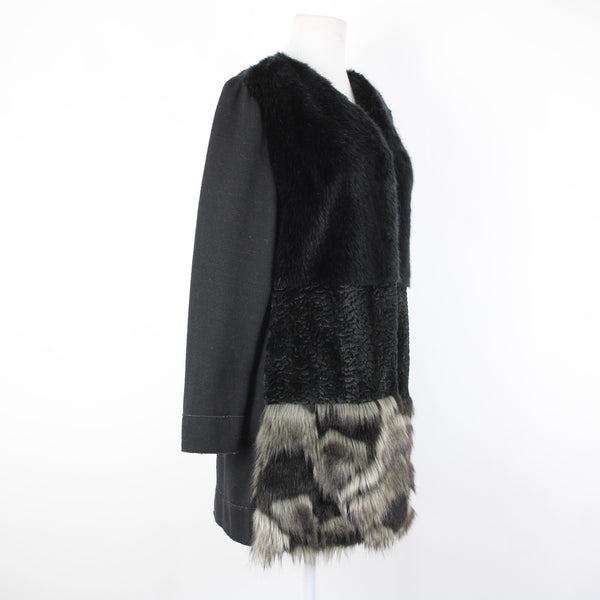 Frank Lyman Sz M Black Gray Pockets Faux Fur Poly Wool Acrylic Jacket