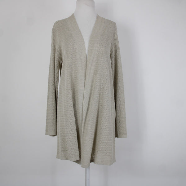 J Jill Sz M Tan Cream Open Knit Long Sleeve Linen Viscose Rayon Wrap Sweater
