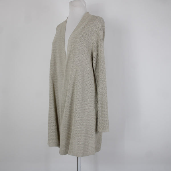 J Jill Sz M Tan Cream Open Knit Long Sleeve Linen Viscose Rayon Wrap Sweater