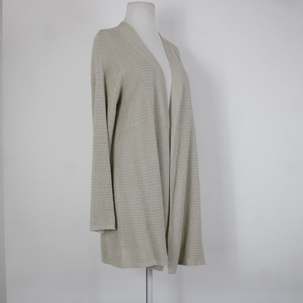 J Jill Sz M Tan Cream Open Knit Long Sleeve Linen Viscose Rayon Wrap Sweater