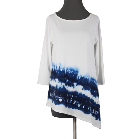 Chicos Sz 0 White Navy Blue Asymmetrical Mid Sleeve Polyester Spandex Top