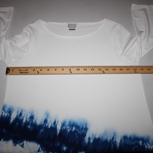 Chicos Sz 0 White Navy Blue Asymmetrical Mid Sleeve Polyester Spandex Top