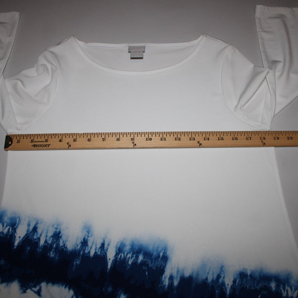 Chicos Sz 0 White Navy Blue Asymmetrical Mid Sleeve Polyester Spandex Top