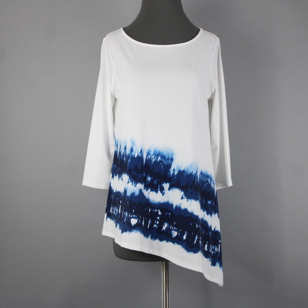 Chicos Sz 0 White Navy Blue Asymmetrical Mid Sleeve Polyester Spandex Top