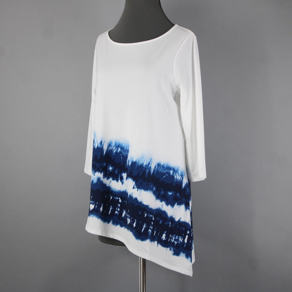Chicos Sz 0 White Navy Blue Asymmetrical Mid Sleeve Polyester Spandex Top
