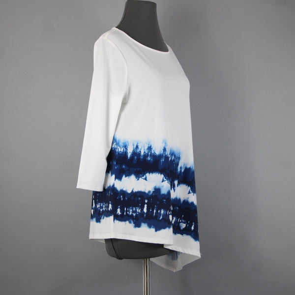 Chicos Sz 0 White Navy Blue Asymmetrical Mid Sleeve Polyester Spandex Top