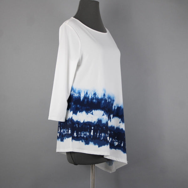 Chicos Sz 0 White Navy Blue Asymmetrical Mid Sleeve Polyester Spandex Top