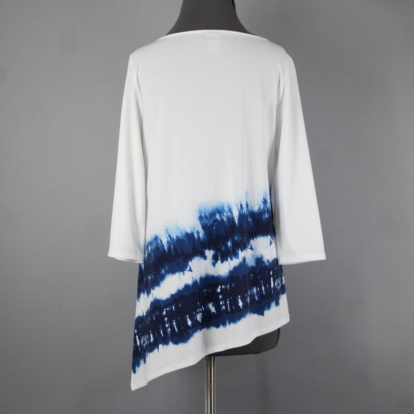 Chicos Sz 0 White Navy Blue Asymmetrical Mid Sleeve Polyester Spandex Top