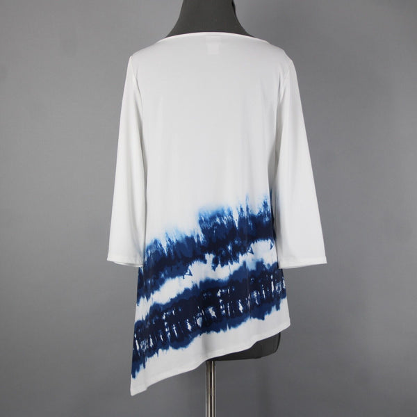 Chicos Sz 0 White Navy Blue Asymmetrical Mid Sleeve Polyester Spandex Top