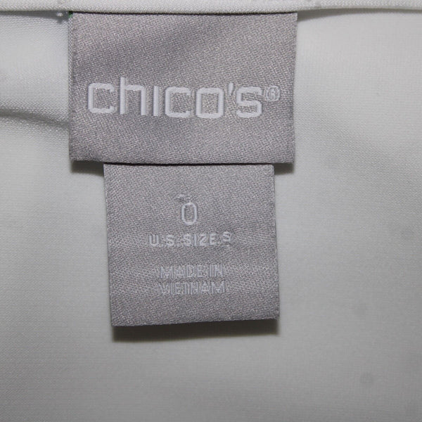 Chicos Sz 0 White Navy Blue Asymmetrical Mid Sleeve Polyester Spandex Top