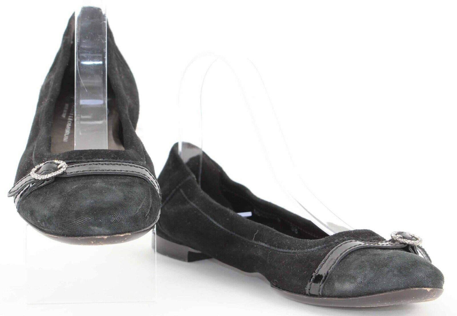 AGL Sz 38 Black Suede Rhinestone Buckle Leather Sole Ballet Flats