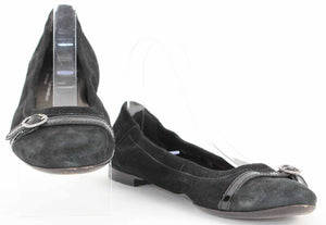 AGL Sz 38 Black Suede Rhinestone Buckle Leather Sole Ballet Flats