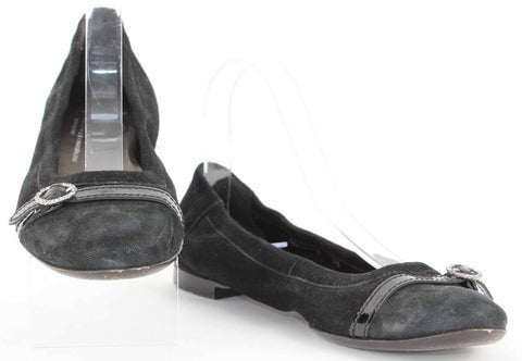 AGL Sz 38 Black Suede Rhinestone Buckle Leather Sole Ballet Flats