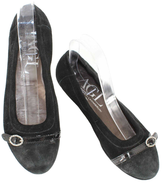 AGL Sz 38 Black Suede Rhinestone Buckle Leather Sole Ballet Flats