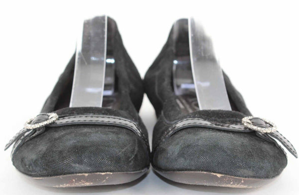 AGL Sz 38 Black Suede Rhinestone Buckle Leather Sole Ballet Flats