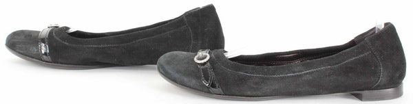AGL Sz 38 Black Suede Rhinestone Buckle Leather Sole Ballet Flats