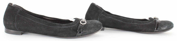 AGL Sz 38 Black Suede Rhinestone Buckle Leather Sole Ballet Flats