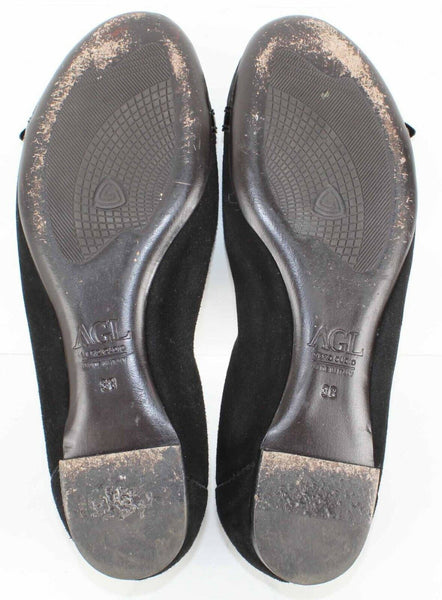 AGL Sz 38 Black Suede Rhinestone Buckle Leather Sole Ballet Flats