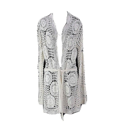Laundry NEW $198 Sz M Cream Cotton Blend Crochet Bohemian Belted Wrap Jacket