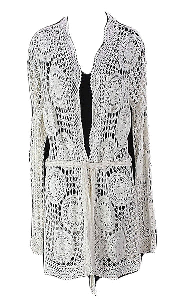 Laundry NEW $198 Sz M Cream Cotton Blend Crochet Bohemian Belted Wrap Jacket