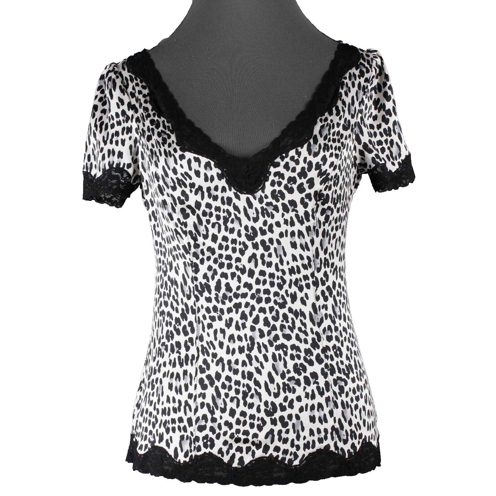 White House Black Market Sz 0 Black White Silk Stretch Lace Silk Spandex Top