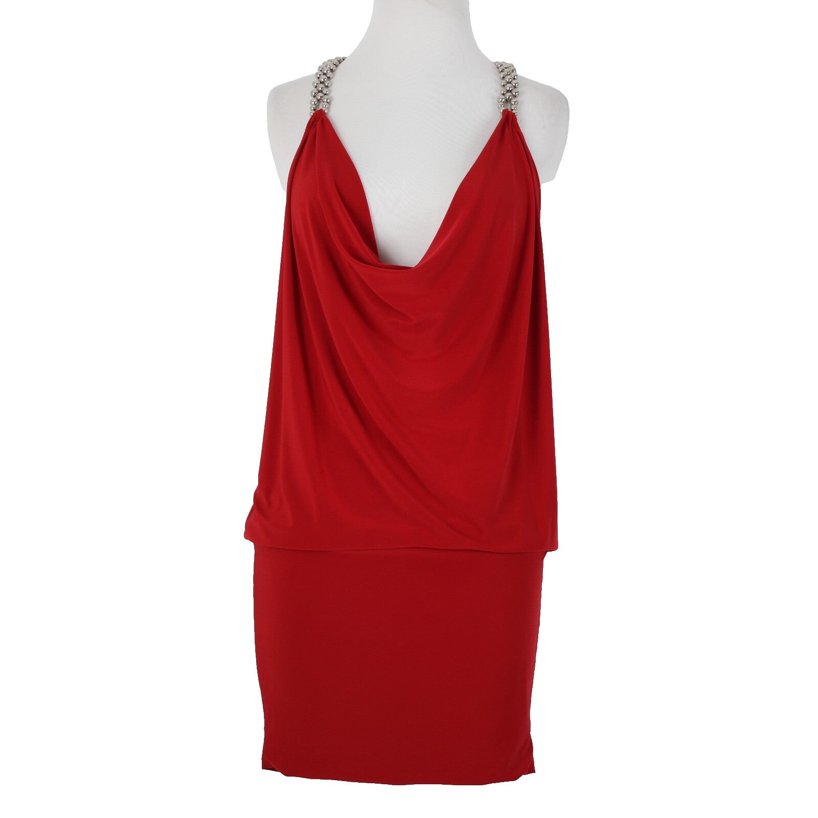 Cache Sz XS Red Silver Beads Racer Back Draped Polyester Spandex Dress