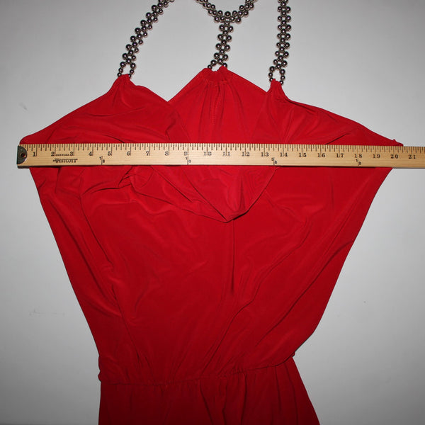 Cache Sz XS Red Silver Beads Racer Back Draped Polyester Spandex Dress