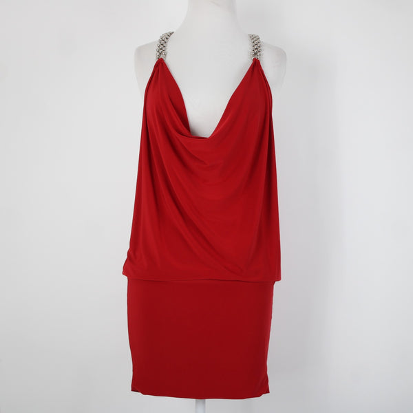 Cache Sz XS Red Silver Beads Racer Back Draped Polyester Spandex Dress
