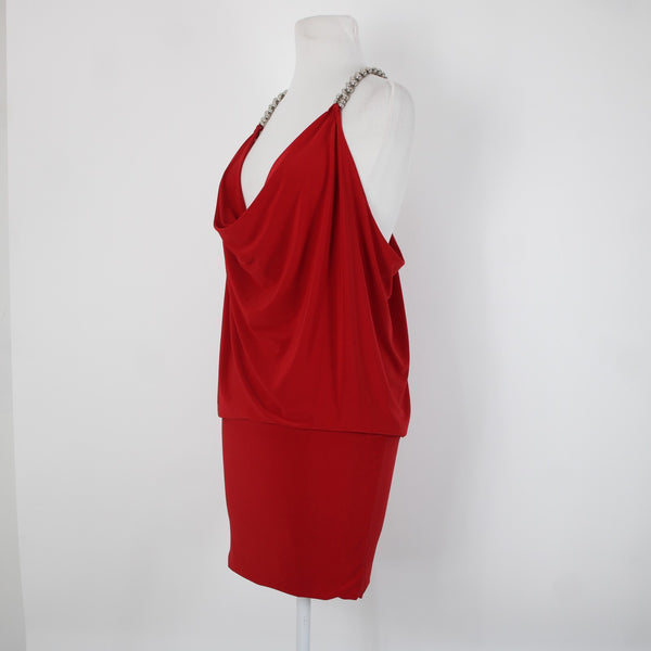 Cache Sz XS Red Silver Beads Racer Back Draped Polyester Spandex Dress