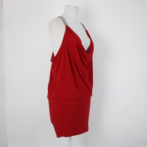 Cache Sz XS Red Silver Beads Racer Back Draped Polyester Spandex Dress