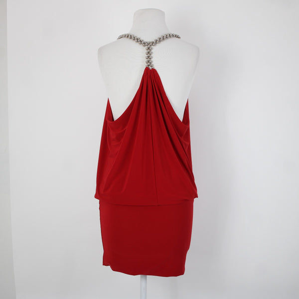 Cache Sz XS Red Silver Beads Racer Back Draped Polyester Spandex Dress