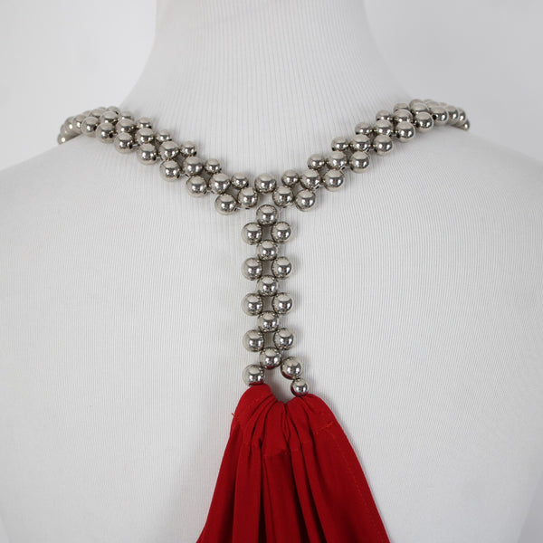 Cache Sz XS Red Silver Beads Racer Back Draped Polyester Spandex Dress