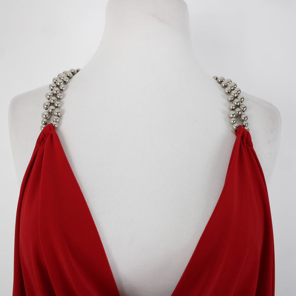 Cache Sz XS Red Silver Beads Racer Back Draped Polyester Spandex Dress