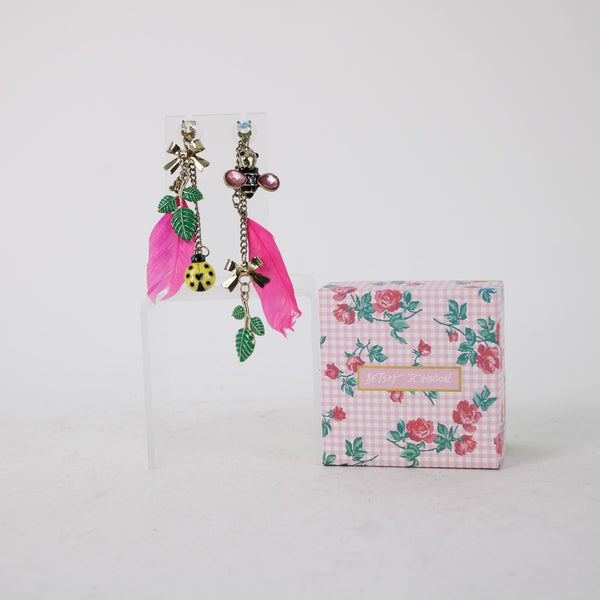 Betsey Johnson Earrings Pink Multi Color Lady Bug Pierced Dangle Earrings