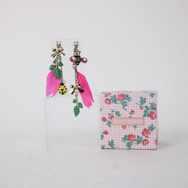 Betsey Johnson Earrings Pink Multi Color Lady Bug Pierced Dangle Earrings