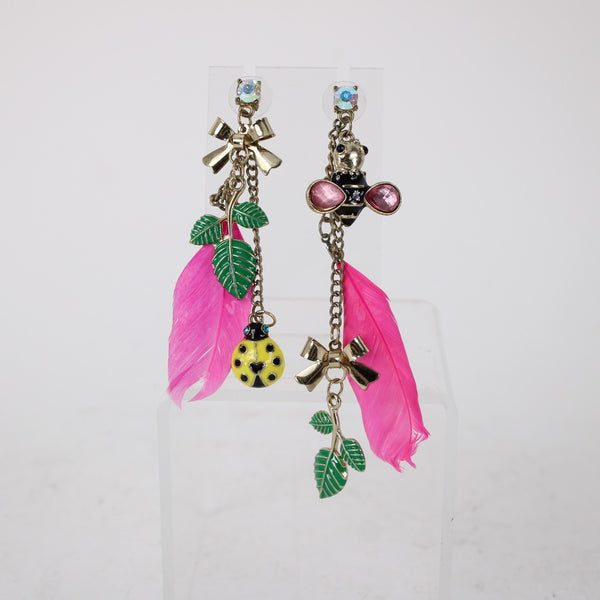 Betsey Johnson Earrings Pink Multi Color Lady Bug Pierced Dangle Earrings