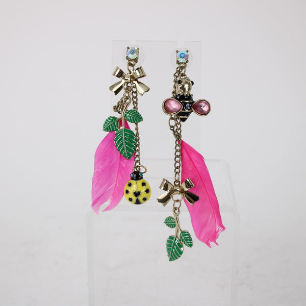 Betsey Johnson Earrings Pink Multi Color Lady Bug Pierced Dangle Earrings