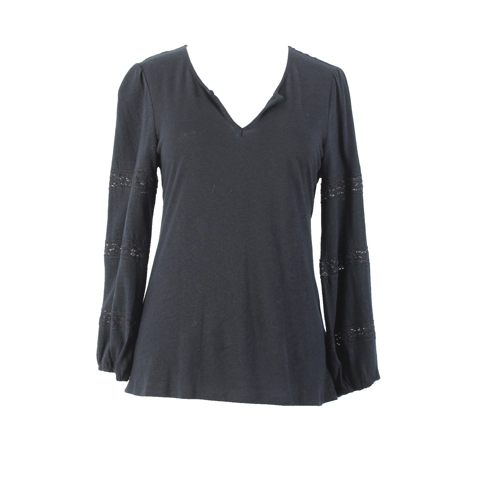 1 State Sz S Black V Neck Eyelet Elastic Sleeves Linen Spun Rayon Top