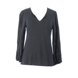 1 State Sz S Black V Neck Eyelet Elastic Sleeves Linen Spun Rayon Top