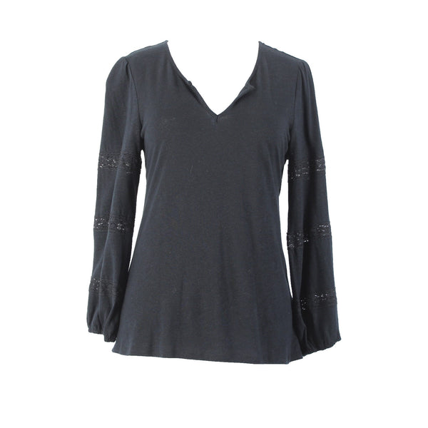 1 State Sz S Black V Neck Eyelet Elastic Sleeves Linen Spun Rayon Top
