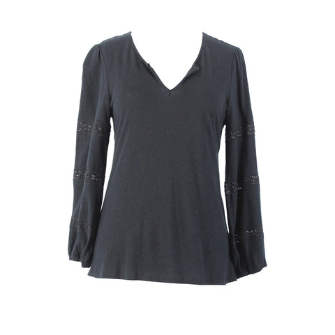 1 State Sz S Black V Neck Eyelet Elastic Sleeves Linen Spun Rayon Top