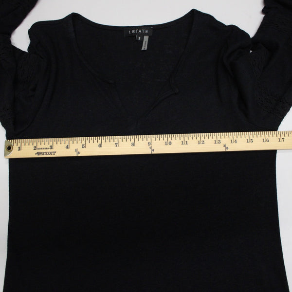 1 State Sz S Black V Neck Eyelet Elastic Sleeves Linen Spun Rayon Top
