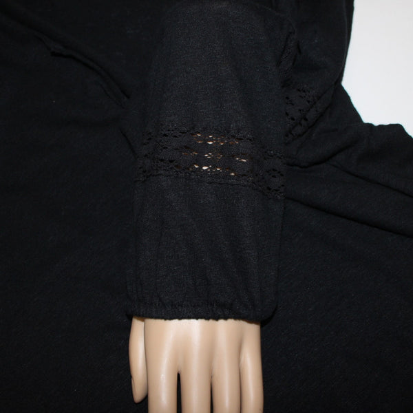 1 State Sz S Black V Neck Eyelet Elastic Sleeves Linen Spun Rayon Top