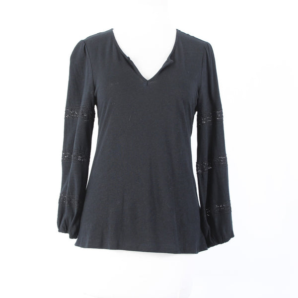 1 State Sz S Black V Neck Eyelet Elastic Sleeves Linen Spun Rayon Top