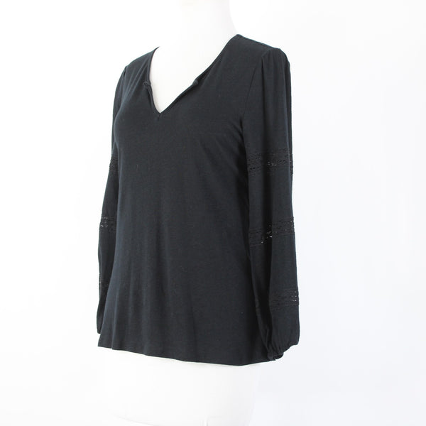 1 State Sz S Black V Neck Eyelet Elastic Sleeves Linen Spun Rayon Top