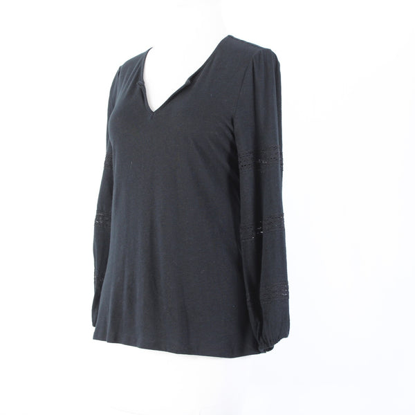 1 State Sz S Black V Neck Eyelet Elastic Sleeves Linen Spun Rayon Top