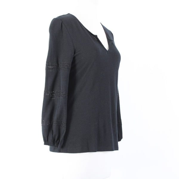 1 State Sz S Black V Neck Eyelet Elastic Sleeves Linen Spun Rayon Top